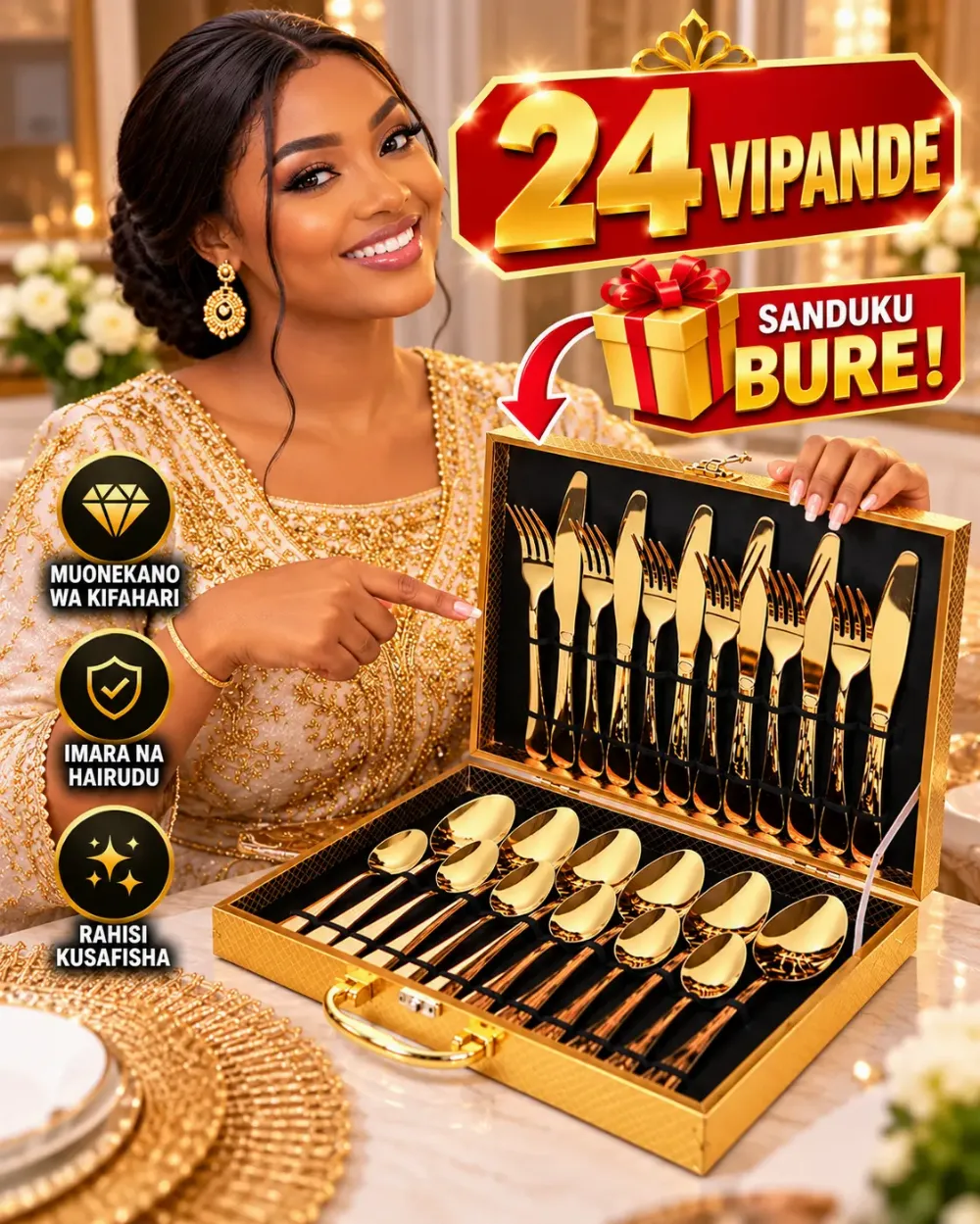 24-Piece Stainless Steel Gold Cutlery Set with Wooden Box