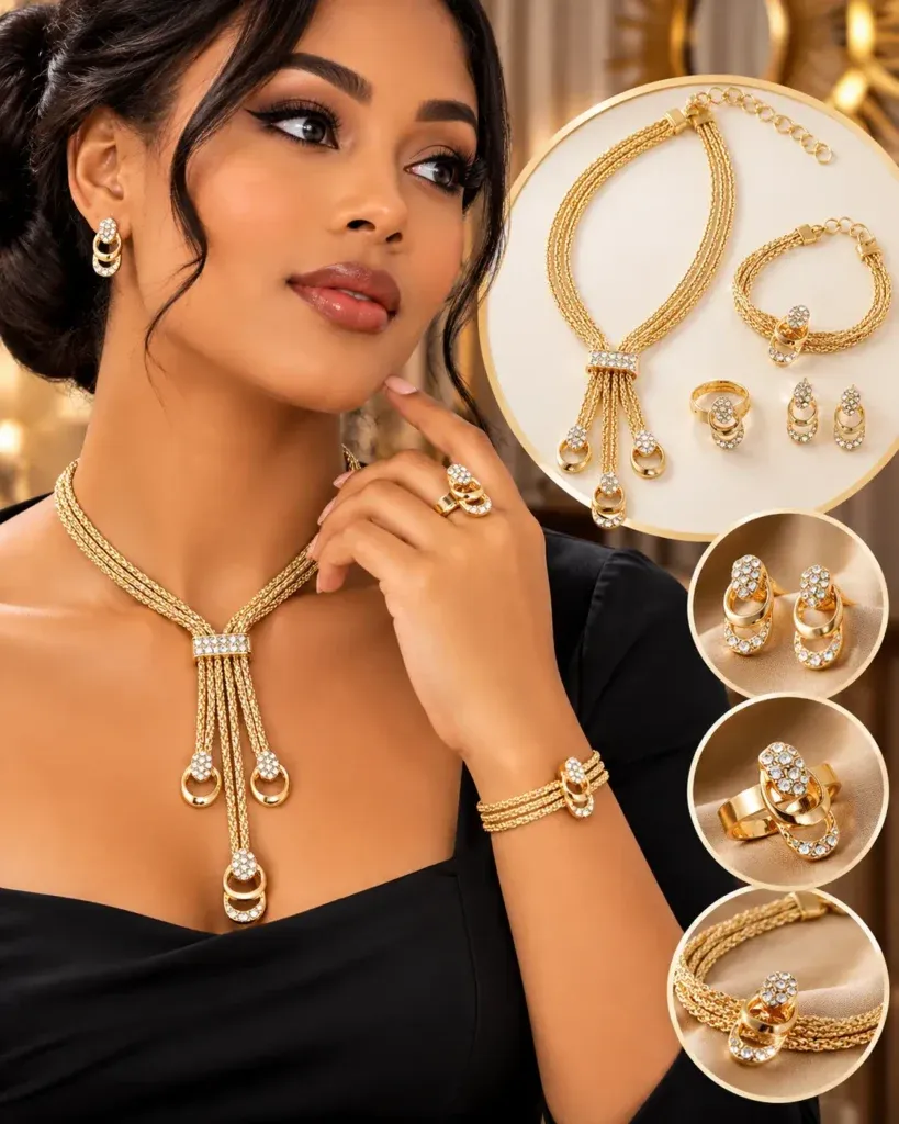 Set of Luxury Women Jewelry a Necklace, Bracelet, Earrings, Ring